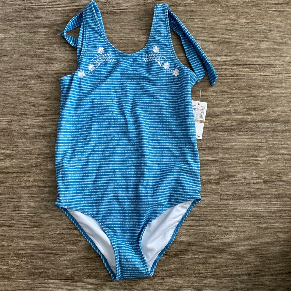copper key Seersucker Embroidered One Piece Swim